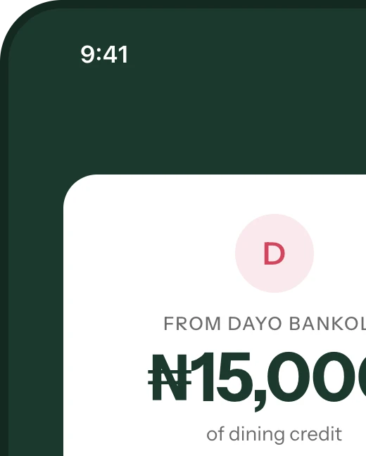 A gift of ₦15,000 dining credit with a note, ready to claim
