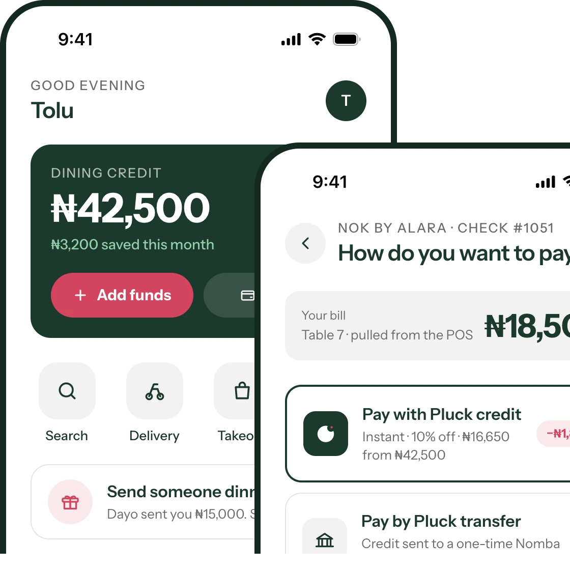 The Plov app showing a credit balance and the choose-how-to-pay screen