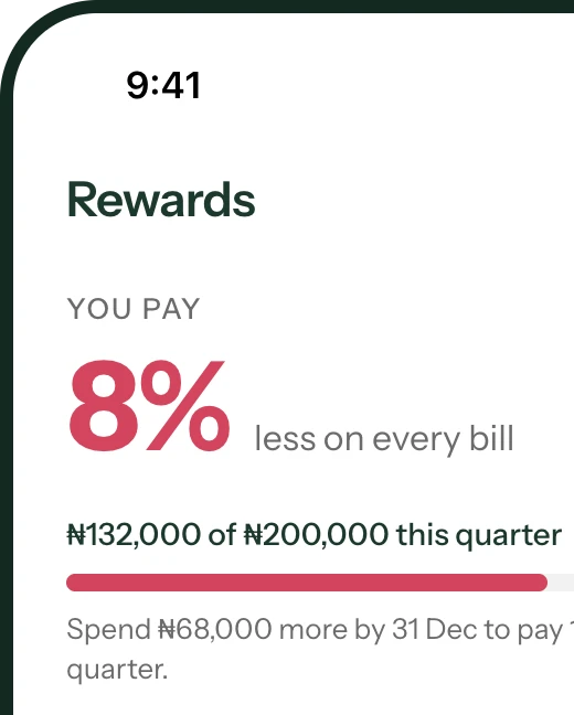 Rewards screen: 8% off every bill, with progress to 10%