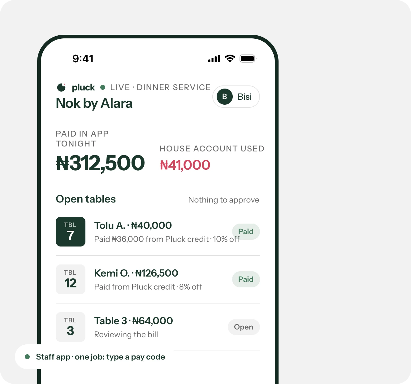 The Plov staff app showing paid and open tables